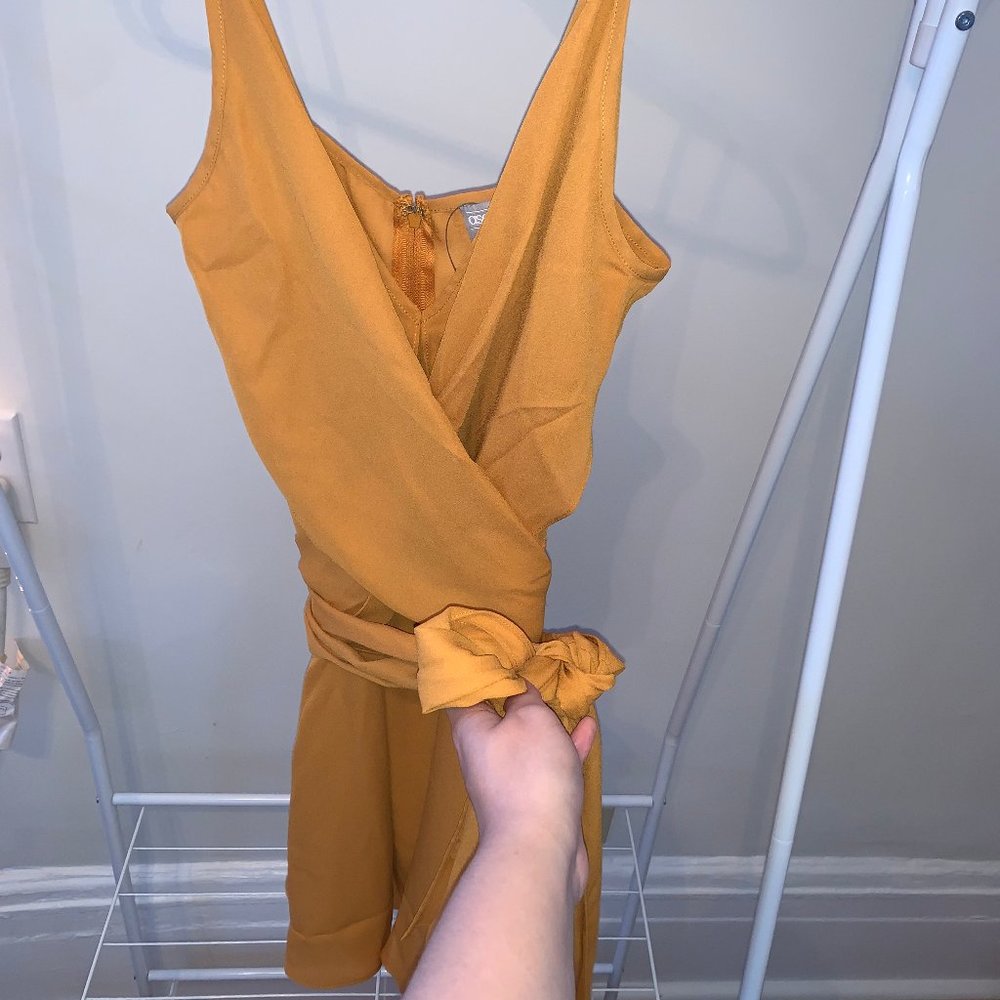 ASOS DESIGN cami wrap mini dress with tie waist in winter ochre